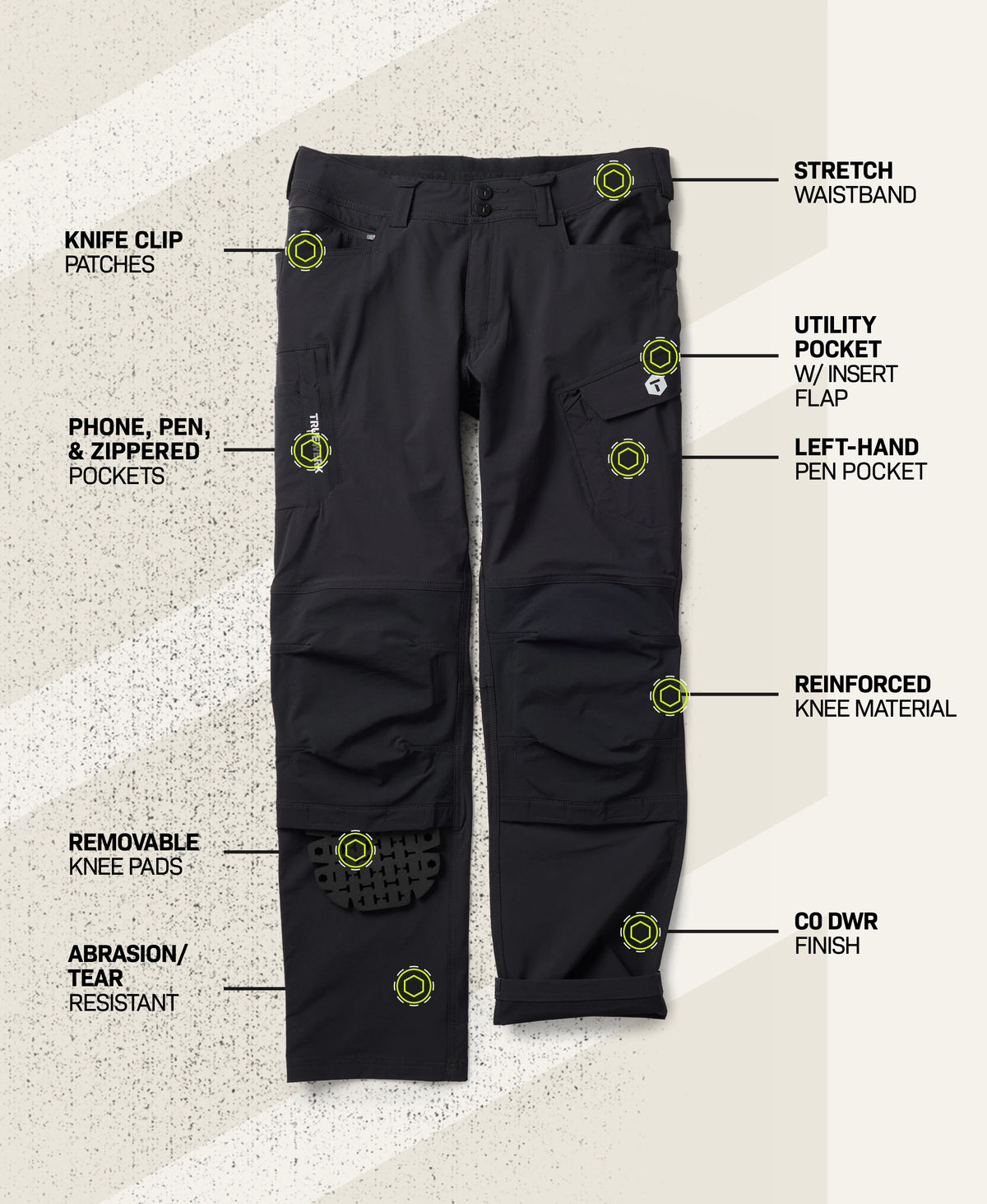 T1 Pro Pant in Black with feature callouts showing stretch waistband, knife clip patches, phone, pen, and zippered pockets, utility pocket with insert flap, left-hand pen pocket, reinforced knee material, removable knee pads, abrasion- and tear-resistant fabric, and C0 DWR finish #color_black