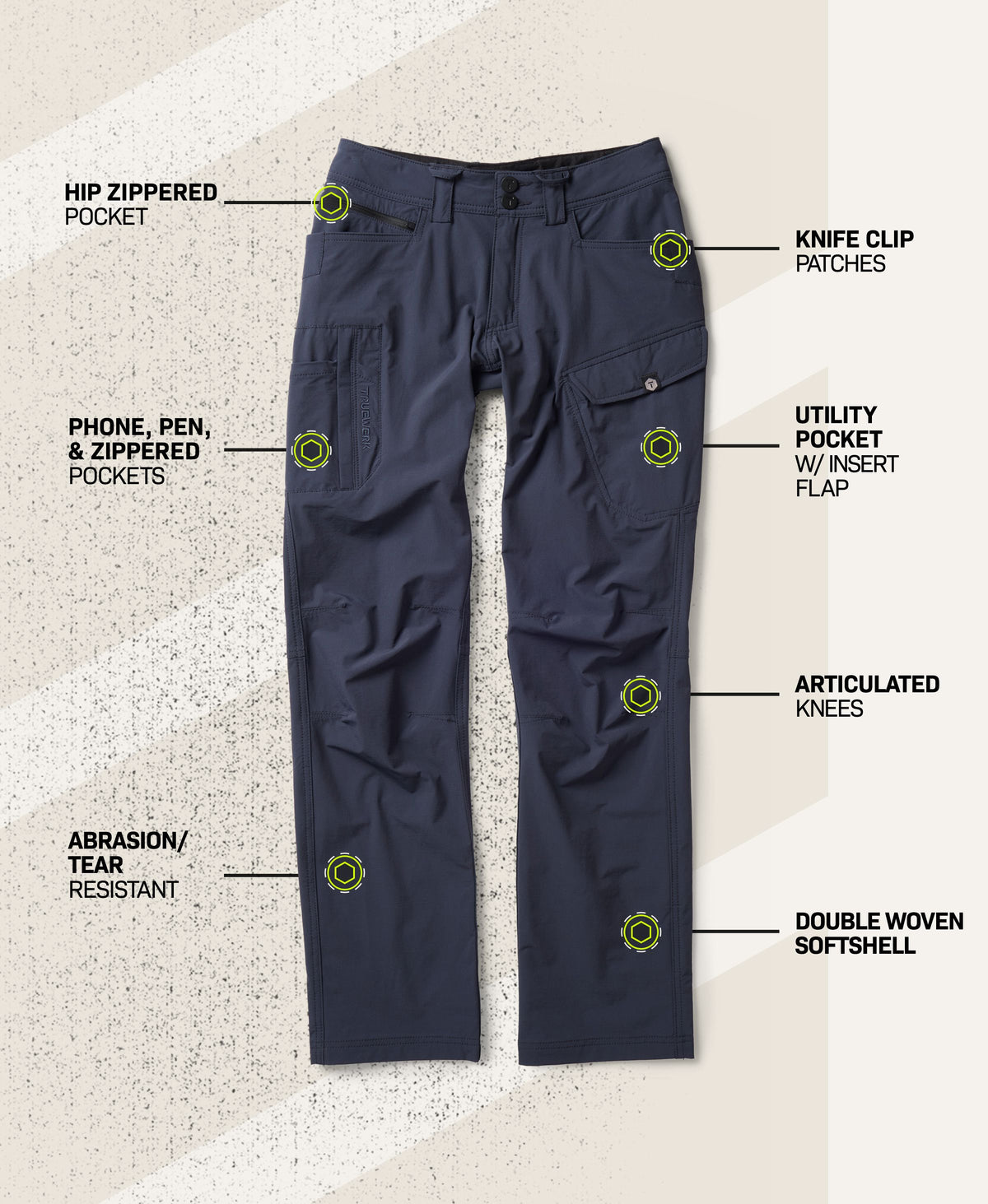 T1 WerkPant in Navy with feature callouts showing hip zippered pocket, knife clip patches, phone, pen, and zippered pockets, utility pocket with insert flap, articulated knees, abrasion- and tear-resistant fabric, and double woven softshell #color_navy