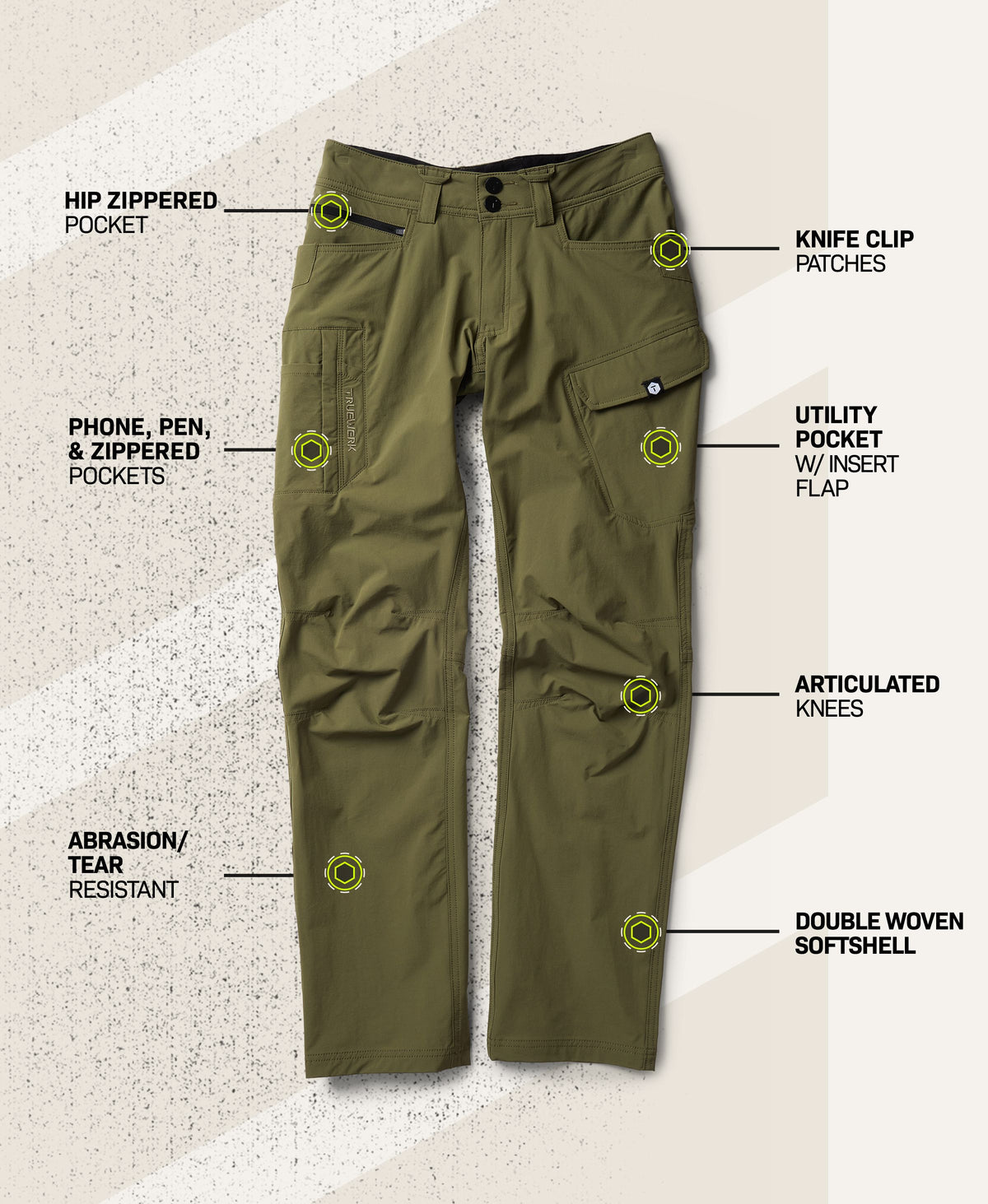T1 WerkPant in Olive with feature callouts showing hip zippered pocket, knife clip patches, phone, pen, and zippered pockets, utility pocket with insert flap, articulated knees, abrasion- and tear-resistant fabric, and double woven softshell #color_olive